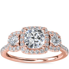 Three-Stone Cushion Halo Diamond Engagement Ring in 14k Rose Gold